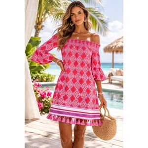 Cabana Life Off Shoulder Dress W Lg Pink New UPF 50+ Tassel  Coastal Vacation